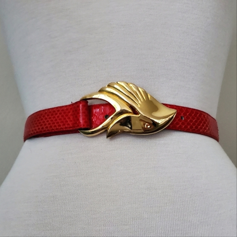 Vintage red leather gold hardware waist belt western art deco boho snake Small - Picture 3 of 6